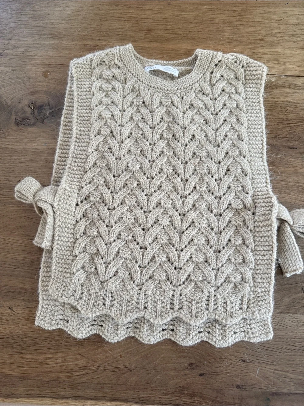 Zara Beige Cable-Knit Side Tie Poncho Vest